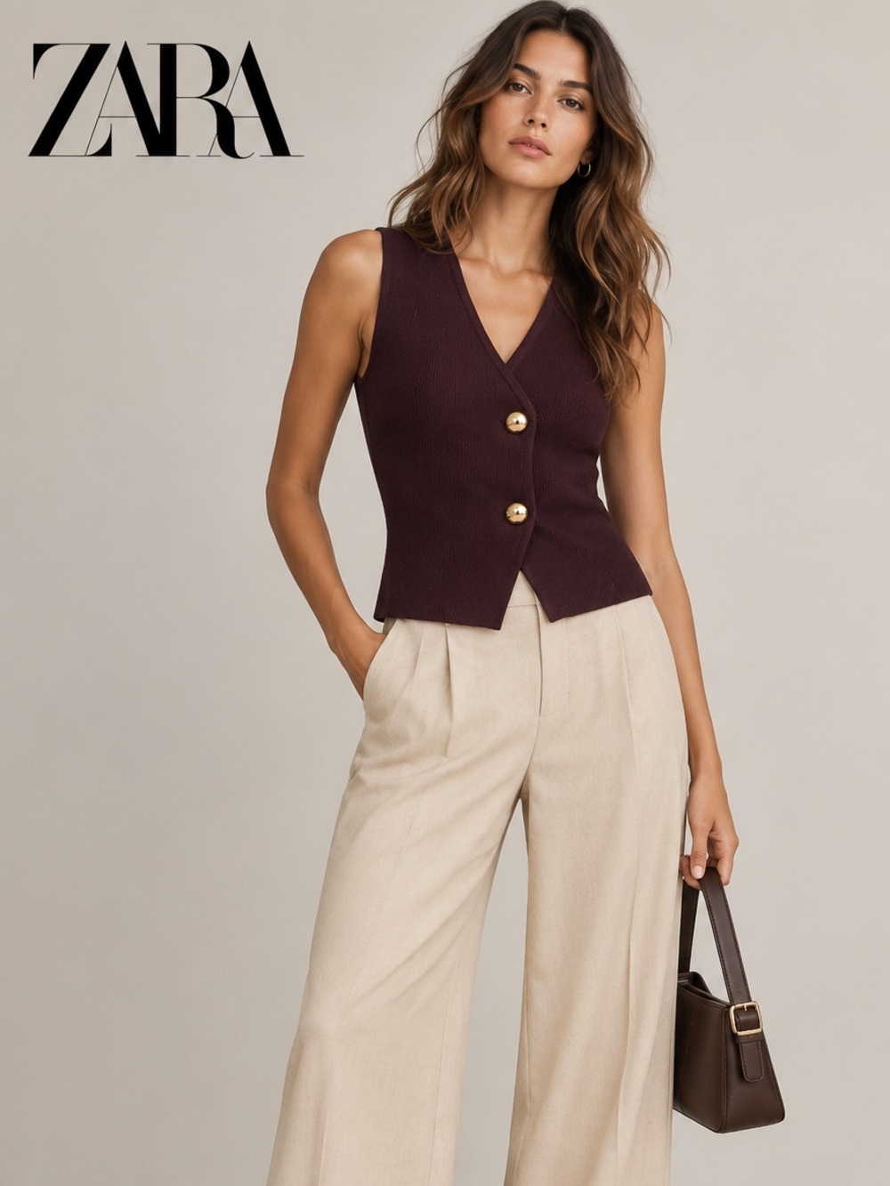 NWT Zara Chocolate Brown Knit Button Front Vest Gold Buttons S